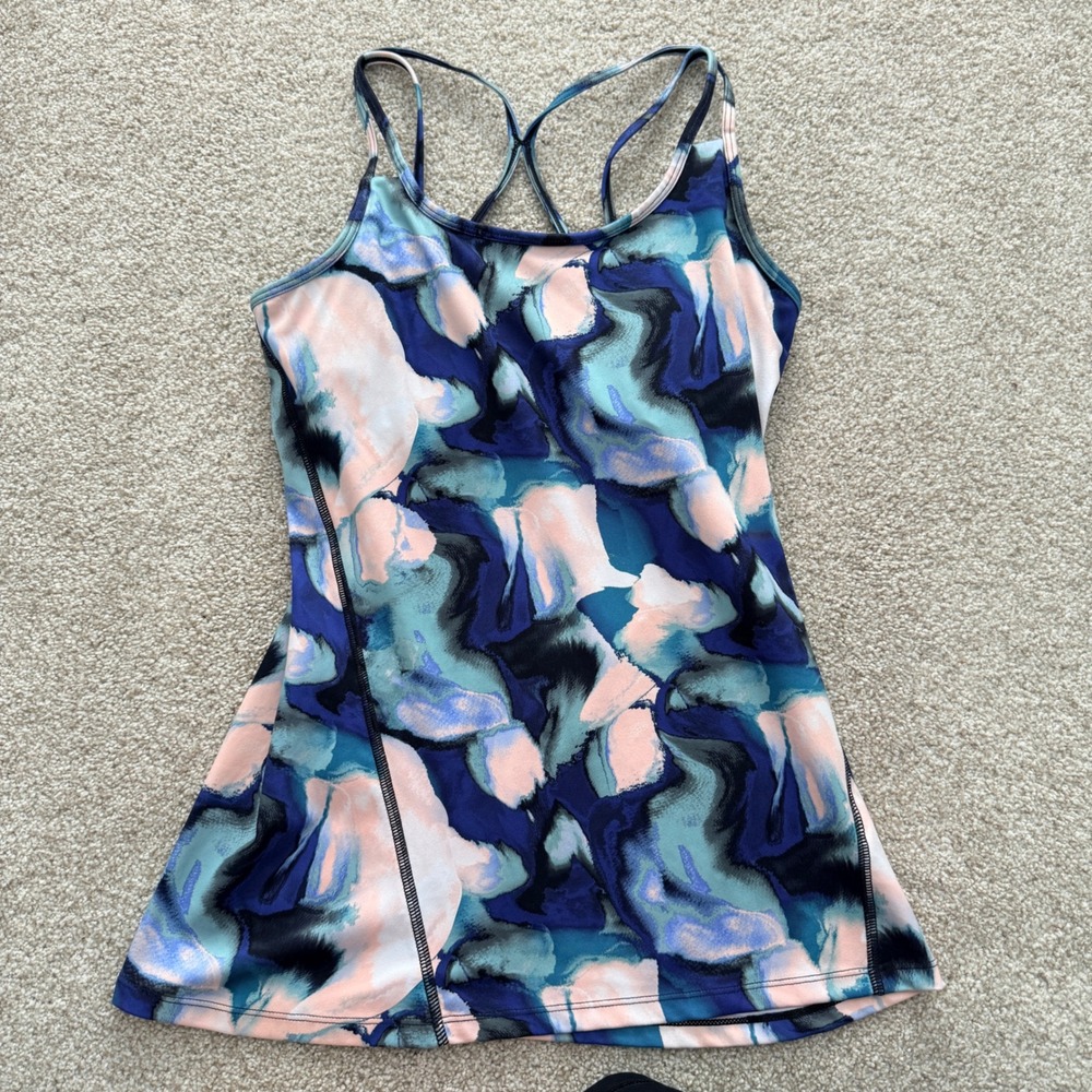 Gaiam Tank Top Womens Small Blue Pink Abstract Watercolor Strappy Shelf Bra Yoga